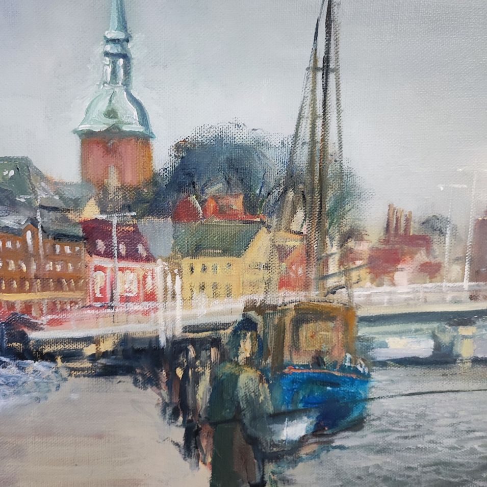 Ölgemälde von Kappeln mit Hafen und Kirchturmentstand Plein Air 