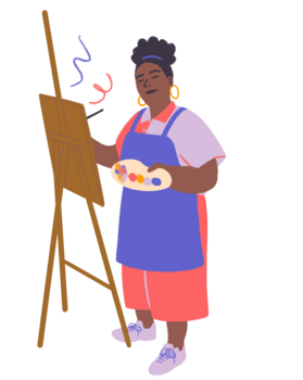 Illustration: Freddie Maria Tetzlaff Eine schwarze Person malt an einer Staffelei