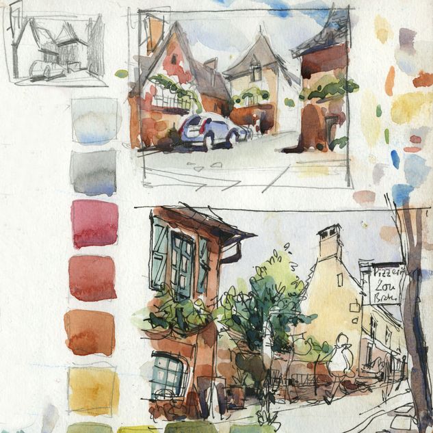 Skizzenbuch-Seite mit farbigen Architektur-Zeichnungen aus Kappeln